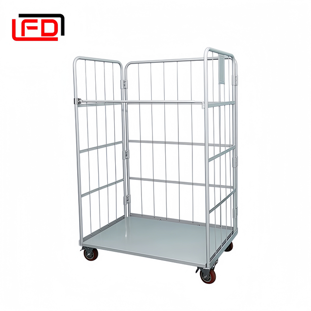 Supermarket Roll Cage Trolley | 3-Sided Collapsible Roll Container with Rolling Wheels & Lockable Gates 